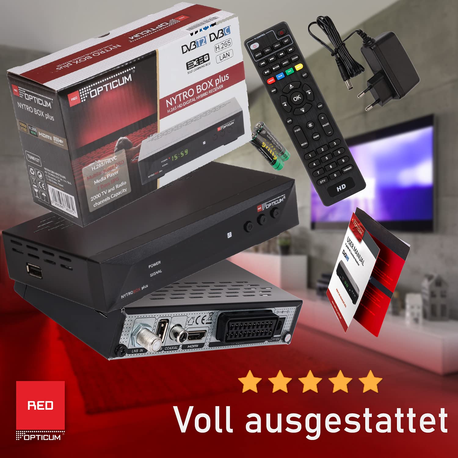 RED OPTICUM 23025 Nytro Box Plus Hybrid-Receiver HD-TV I DVB-C & DVB-T2 Receiver mit Aufnahmefunktion PVR - HDMI - USB - SCART - Coaxial Audio - Ethernet - LED Display I Digitaler Kabelreceiver