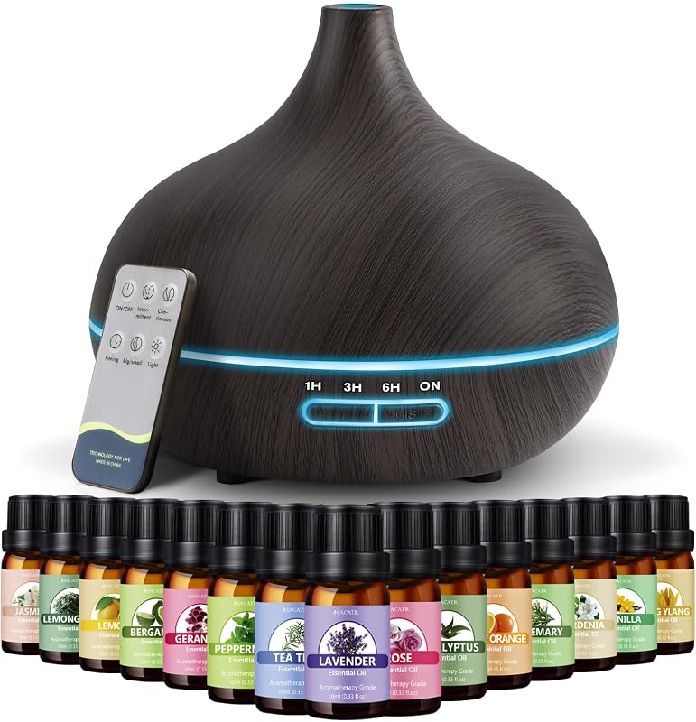 Difusor de aceite SACATR de 550 ml con aceites esenciales de grado aromaterapia de 15x10 ml | Control remoto, temporizador, luz de colores, niebla fría y silenciosa, para dormitorio, sala de estar, oficina