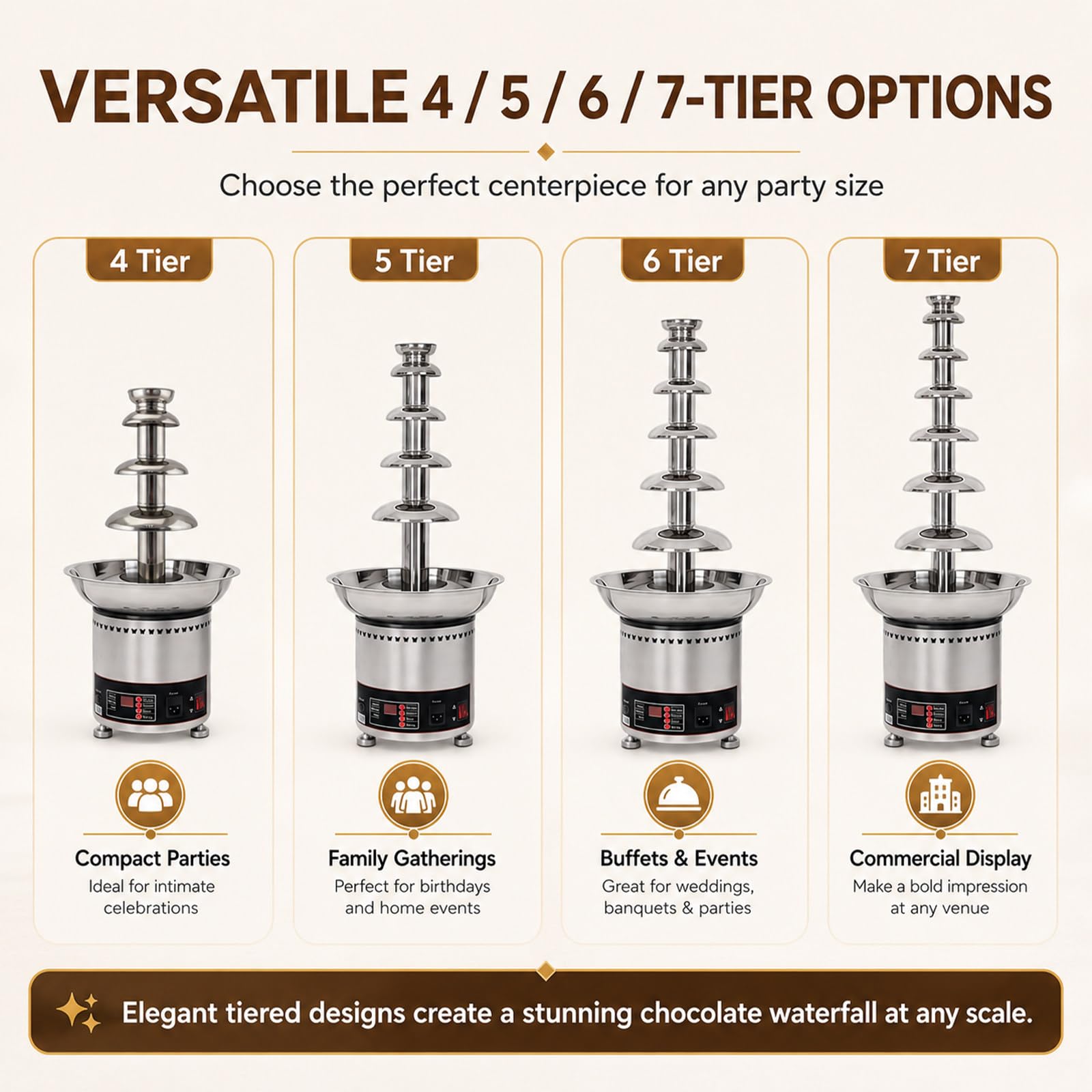 Fuente Comercial Chocolate Fundido 4/5/6/7 Niveles, Potencia Calorífica 300w 7Tiers