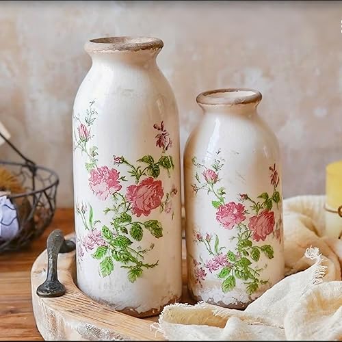 Juego de jarrón pequeño de cerámica vintage con diseño de flores y rosas, estilo retro, rústico, bonito jarrón de flora, decoración artística para