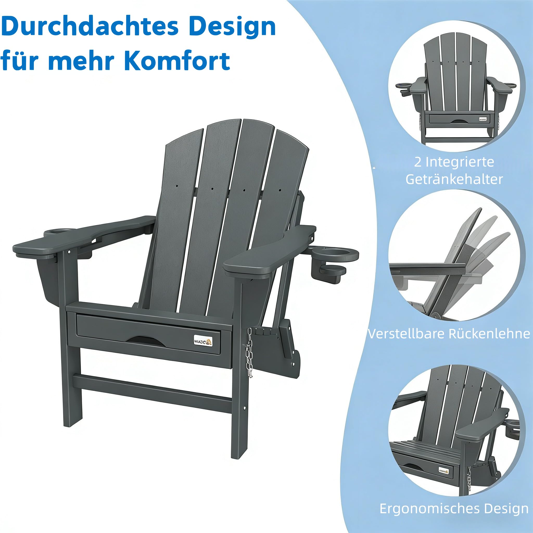 Mdeam Adirondack Stuhl Klappbar, Gartenstuhl mit Verstellbarer Rückenlehne & Fußstütze für Garten Terrasse, Adirondack Chair mit 2 Getränkehalter, Wetterfestes HDPE, Grau