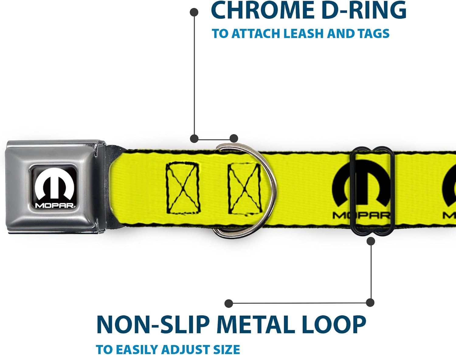 Dog Collar Seatbelt Buckle Mopar Logo Repeat Yellow Black 11 to 16.5 Inches 1.0 Inch Wide