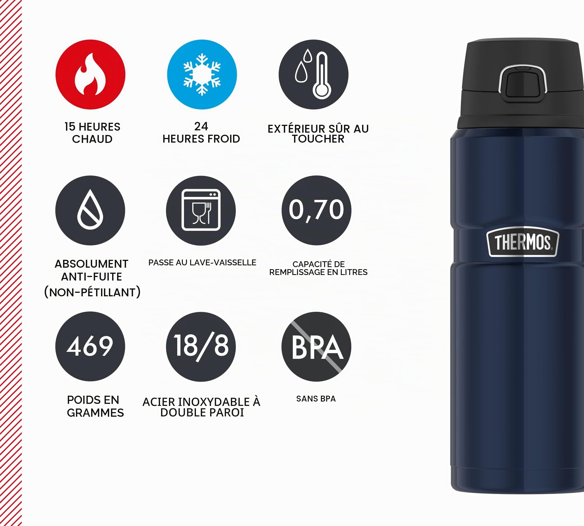Thermos Stainless King Bouteille Isotherme, en Acier Inoxydable, 0,70 l, entièrement étanche, Chaude 15 h et Froide 24 h, Passe au Lave-Vaisselle, pour thé, café et Eau, sans BPA