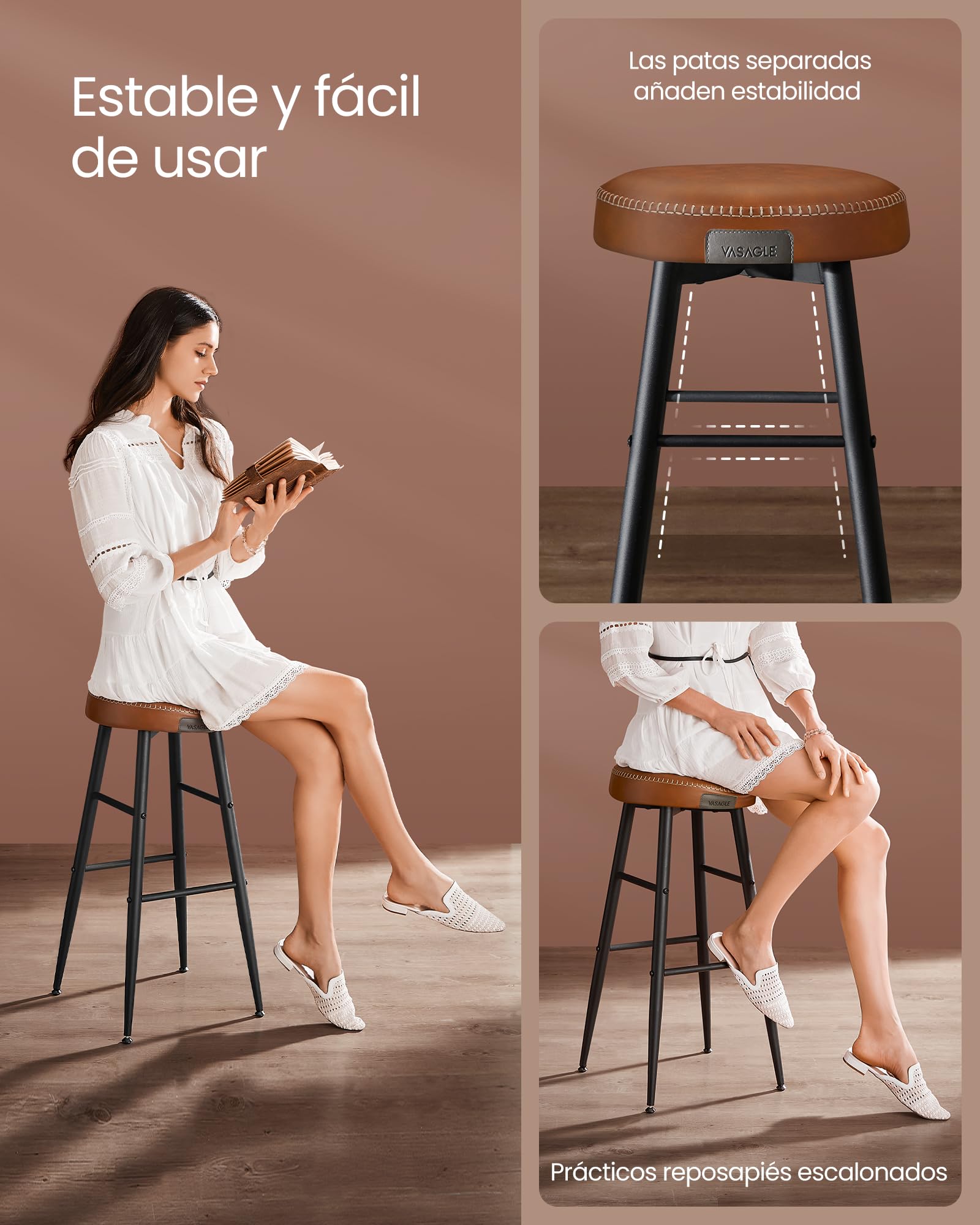 VASAGLE EKHO Colección - Juego de 4 Taburetes de Bar, Taburete Cocina, Taburete Desayuno, Cuero Sintético con Costuras, Moderno Siglo Medio, 76,2 cm Alto, Silla Comedor, Fácil Montaje, Marrón Caramelo