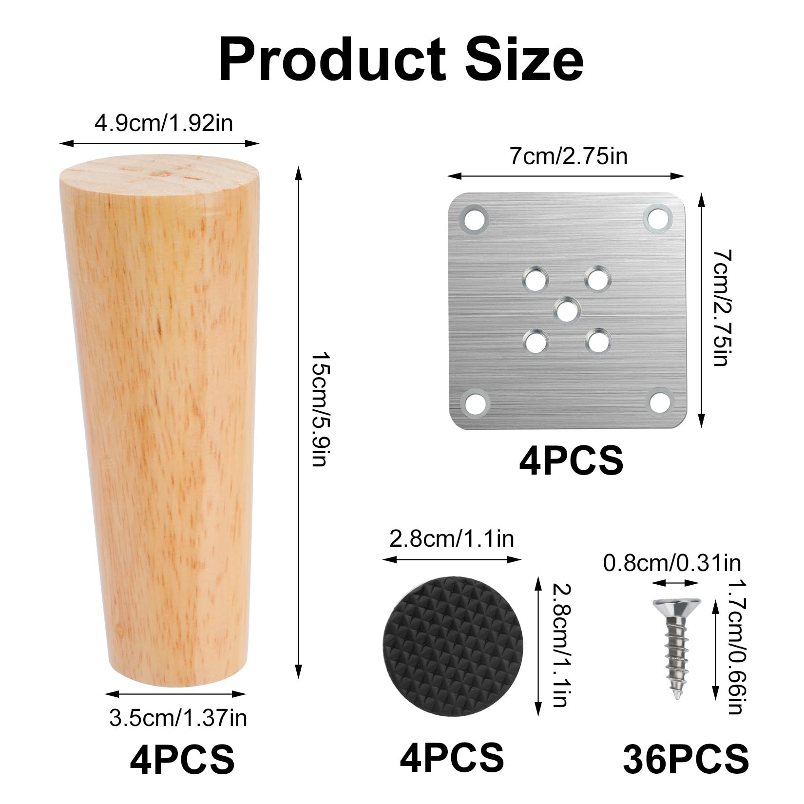 4 PcsPatas Muebles, 15 cm Patas de Madera para Muebles Sofas, Patas de Repuesto Rectas y Cónicas para Mesas, Armarios, Cómodas, Sillas y Camas, con Almohadillas Antideslizantes y Accesorios
