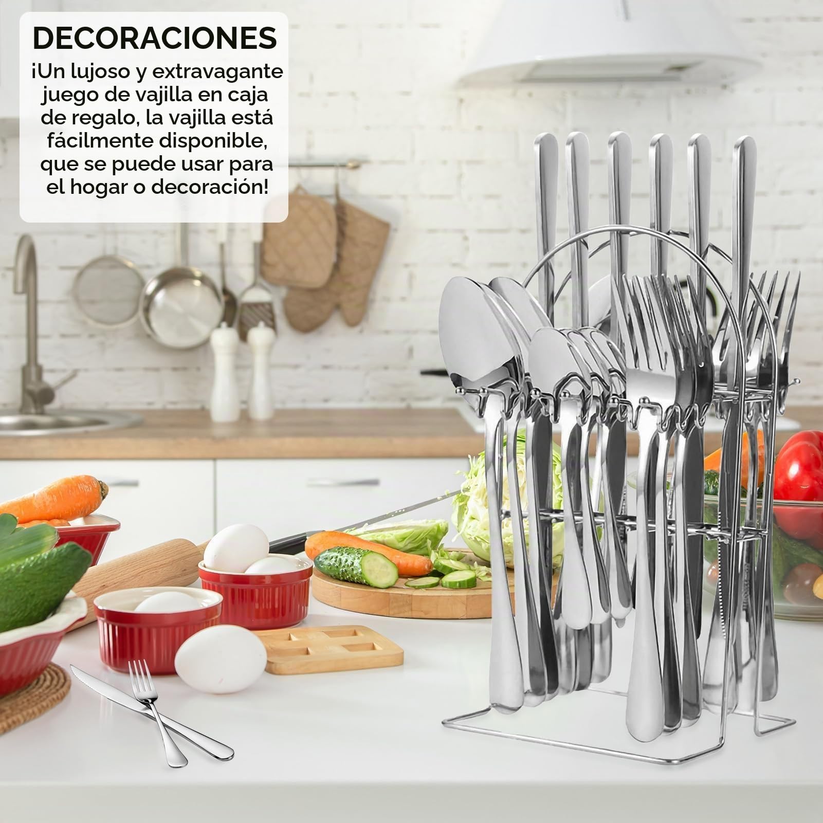 Juego de Cubiertos Colgantes de 24 Piezas, Acero Inoxidable con Soporte y Caja de Regalo, Para Hogar y Restaurantes