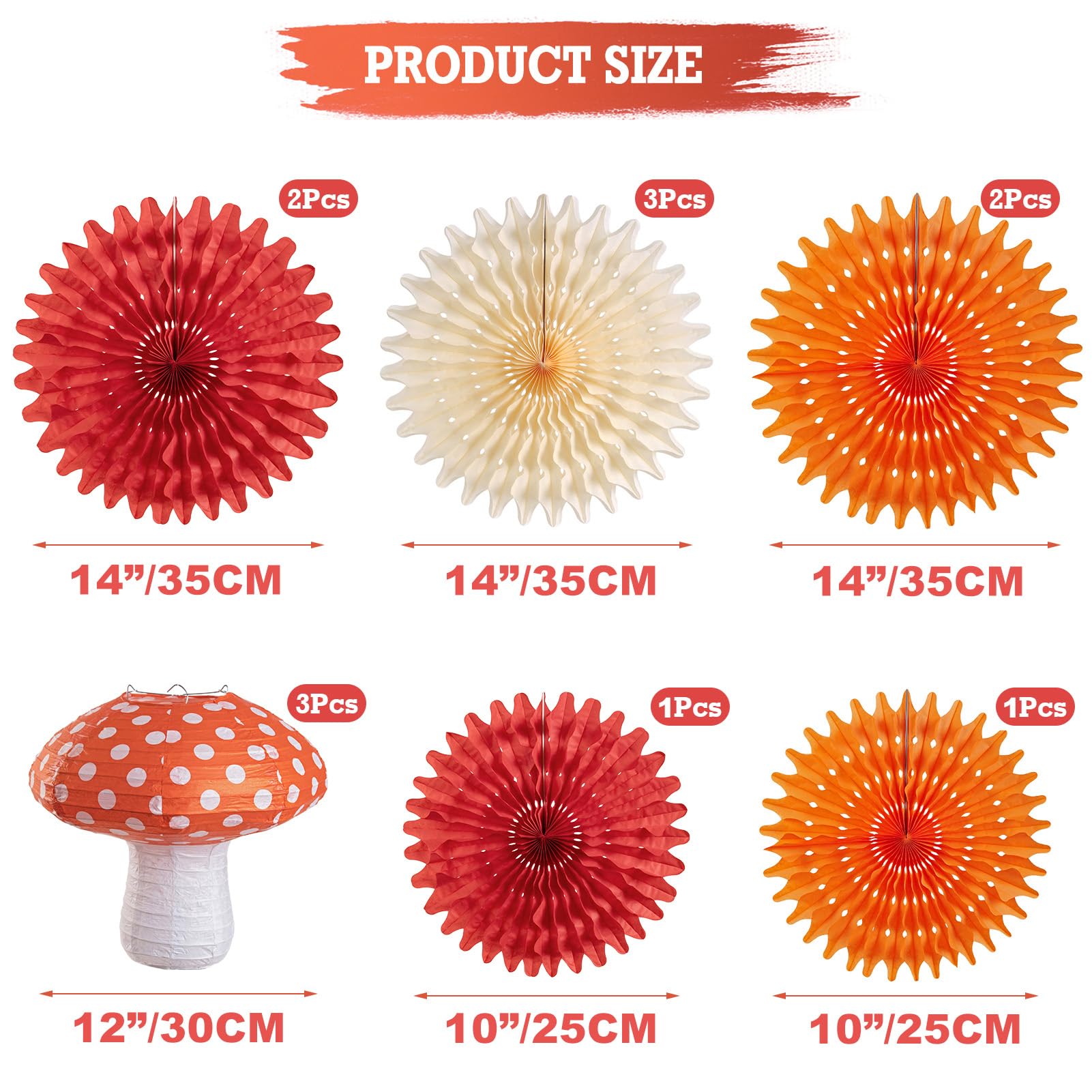 Homarkable Mushroom Paper Lanterns Paper Fans, Mushroom Party Decorations, with 3 Mushroom Lanterns 12 Inches, Red Orange Paper Fans, Honeycomb Party Decorations for Nursery Garden Forest Party