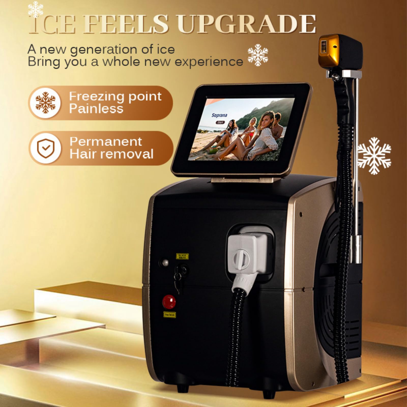 Macchinario per la Rimozione Permanente dei Peli, Laser Diodo 755nm, 808nm, 1064nm, Refrigerazione TEC, Spot 23 x 40 mm, Potenza 3000W, Sistema Operativo Intelligente