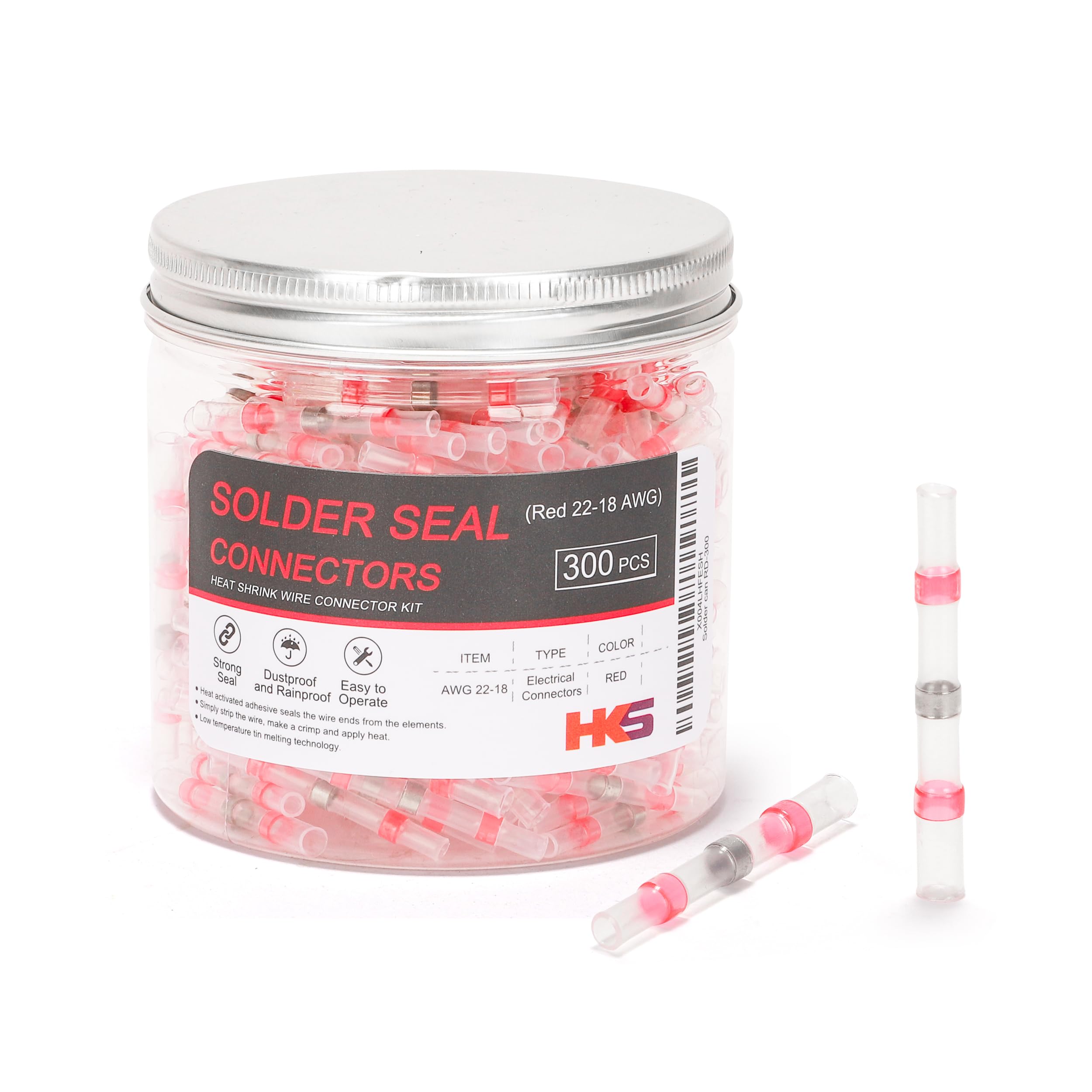 HKS 300PCS Solder Seal Wire Connectors – 22-18 AWG Red Heat Shrink Butt Terminals – Waterproof Electrical Wire Splice for Automotive, Marine, and DIY Wiring