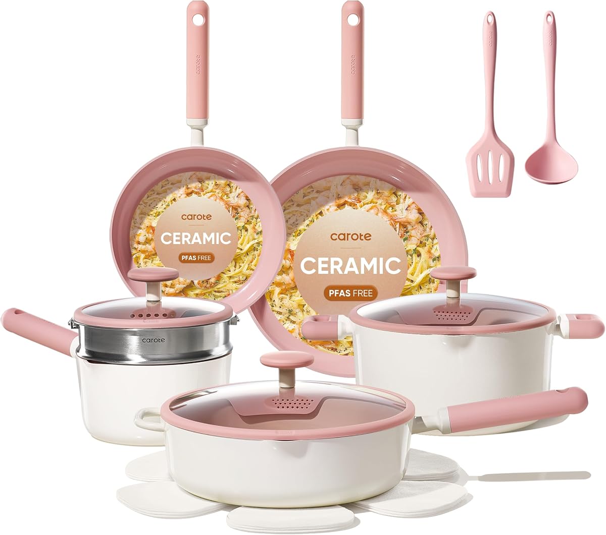 CAROTE Pots and Pans Set, Ceramic Cookware Set, 15pcs | Non-Toxic Healthy Induction Cooking Set, Dishwasher Safe, Easy to Clean, Even Heating, with Silicone Lids, PFAS FREE
