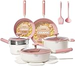 CAROTE Pots and Pans Set Nonstick, Ceramic Cookware Set, Pink Cooking Set Kitchen Induction Set with Steamer, PFAS PTFE Free,15 Piece