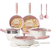 CAROTE Ceramic Cookware Set Nonstick, 15pcs Pots and Pans Set Non stick, Non Toxic Cookware,Dishwasher,RV/Camping Cookware Set, Pan and Pot with Kitchen Utensils, Pink