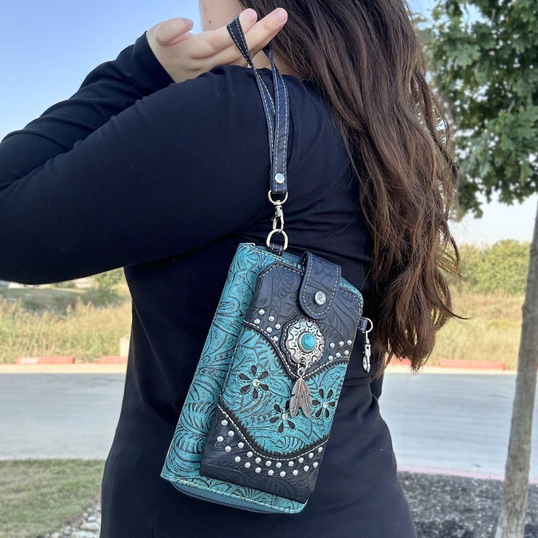 Western Cell Phone Purse - Small Crossbody Bag for Women with Wristlet Strap and Wallet Card Slots (Feather - Black)
