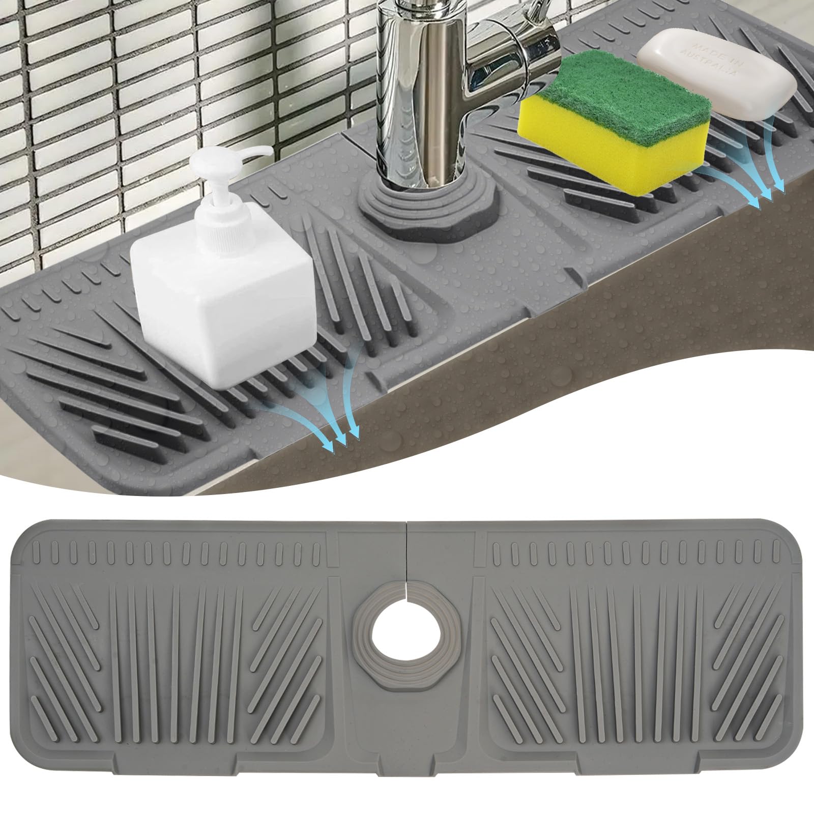 Tappetino Antispruzzo Per Rubinetto In Silicone – Grigio, 44,5x14 Cm, Assorbente E Antiscivolo, Per Lavello Cucina E Bagno, Tagliabile Su Misura - 6