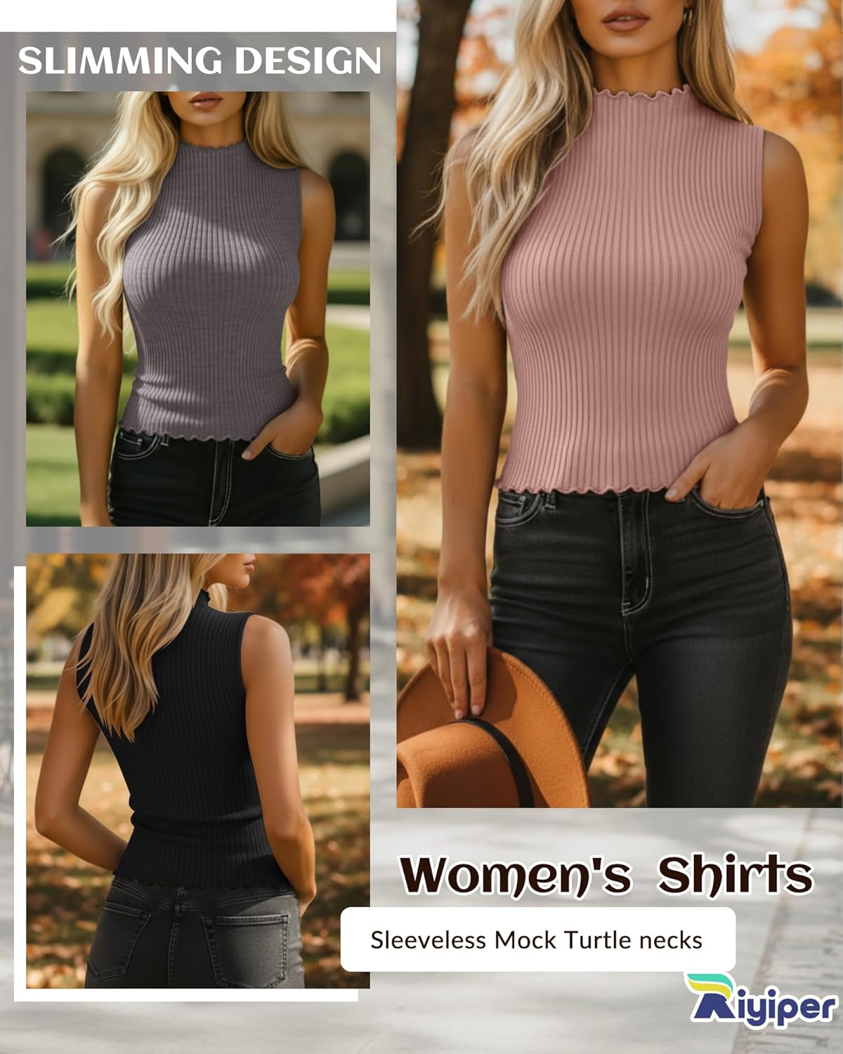 Riyiper 3 Pack Women's Sleeveless Mock Turtlenecks Shirts Lettuce Trim Ribbed Knit Slim Summer Casual Tank Tops Basic Tees - Image 2