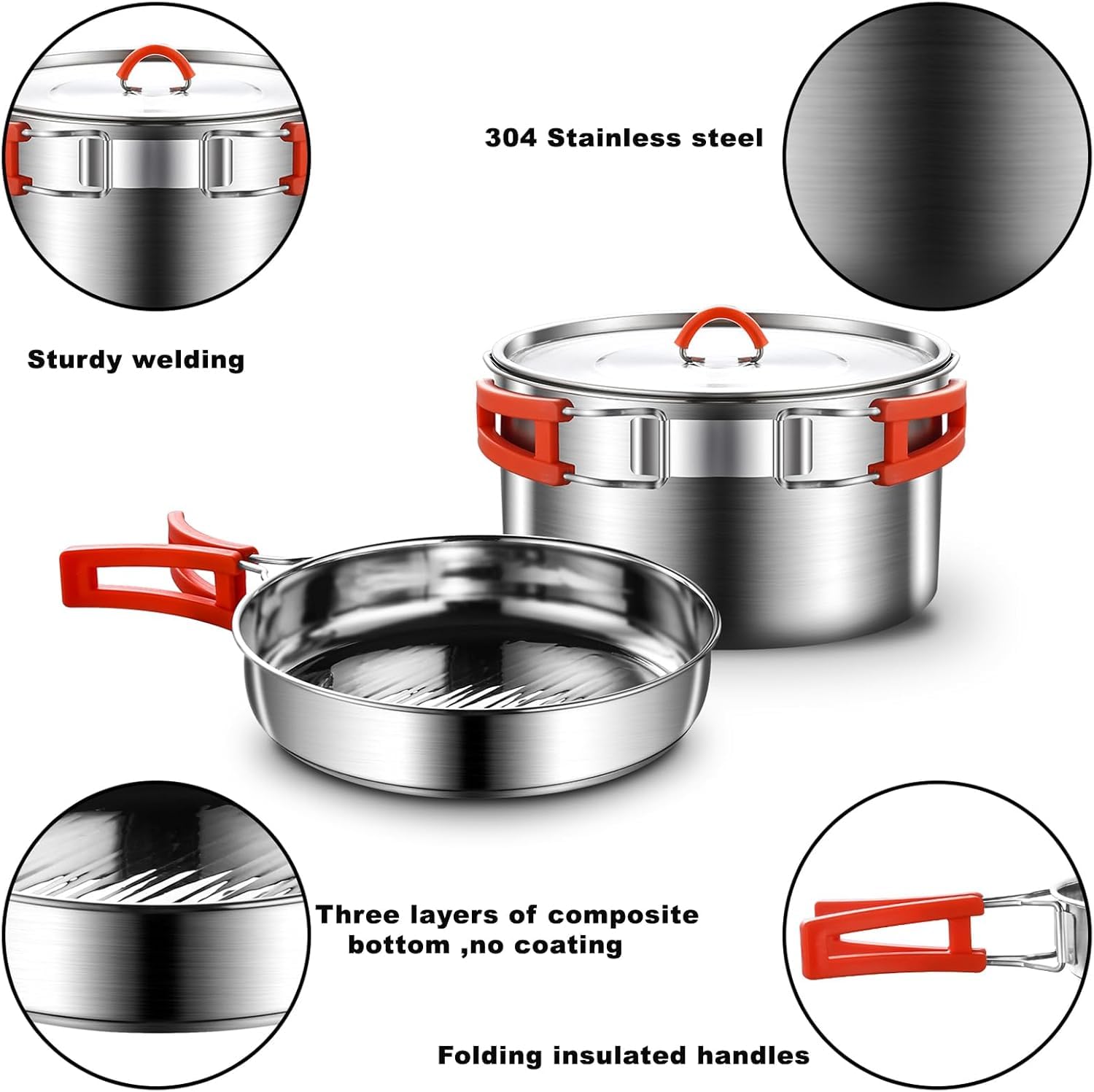Camping Kochset, Camping Kochgeschirr Set, 304 Edelstahl Camping Töpfe und Pfannen Set, beinhaltet Topf Nonstick Bratpfanne Wasserkocher in Mesh Tasche für Wandern Outdoor Kochen Rucksack für 1-2 Mens