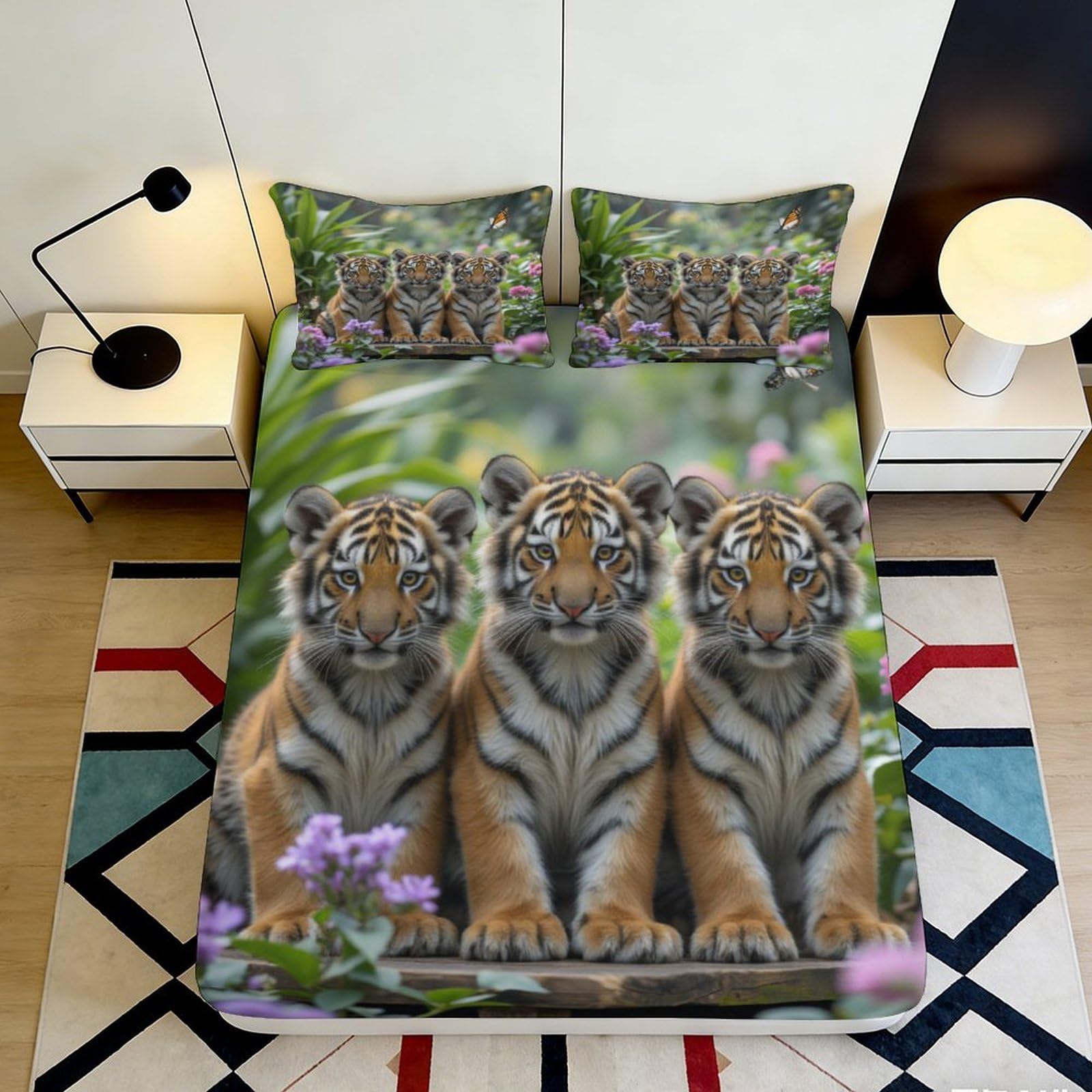 3D Printed Tiger Jungle Fitted Sheet Microfiber Soft Anti-Slip Bed Cover for Bedroom Guest Room Decor Easy Care 90x200x25cm
