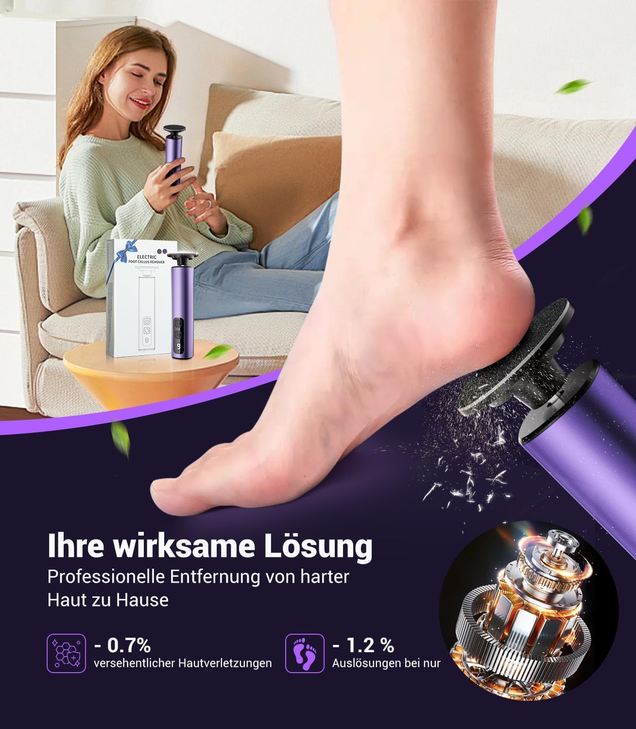 Hornhautentferner elektrisch【Peeling NO.1 – 0 Handschwielen,0 Harte Haut,0 Risse】Hornhaut entfernen Fuß【99.92% Entfernung in 3 Min – 9 Stufen】Wiederaufladbar mit Type-C (Violett)
