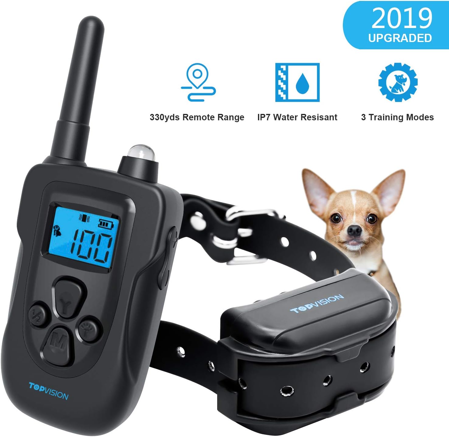 Dog Training Collar, TOPVISION Rechargeable Dog Shock Collar w/3 Training Modes, Beep, Vibration and Shock, 100% Waterproof Training Collar, 330Yards Remote Range, 0~99 Shock Level