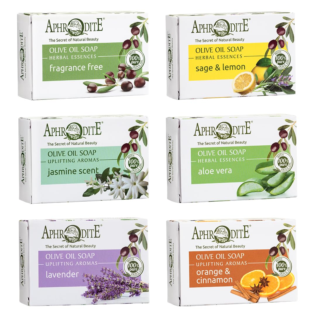 Aphrodite - Set de jabón de aceite de oliva (Sage & Lemon, Jasmine scent, Aloe vera, Lavender)
