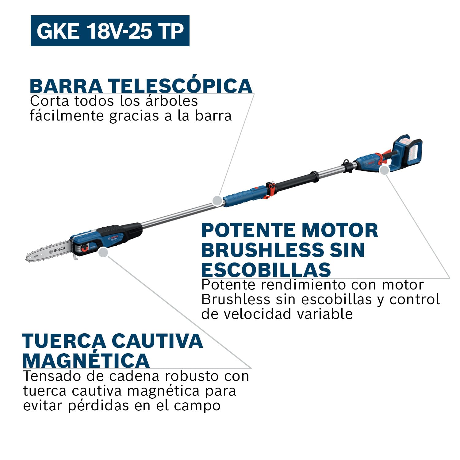 Bosch Professional 18V System sierra cadena telesc. GKE 18V-25 TP (130 cortes/carga, bastón tel. 2,9 m, motor Brushless sin escobillas, funda 25 cm incl., llave destorn., correa hombro, sin batería)