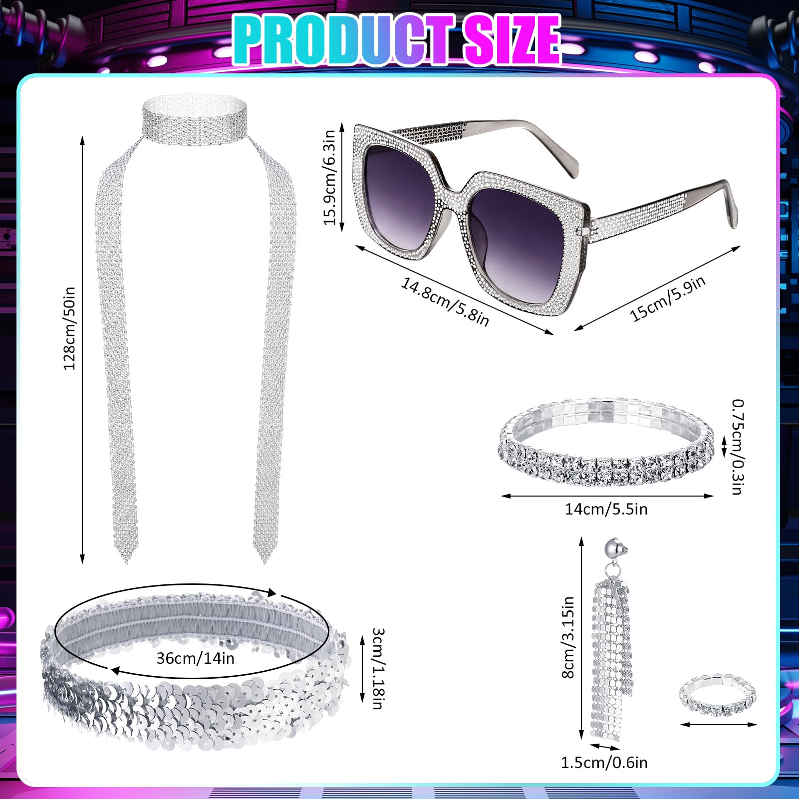 Invalidism 8 Pcs 70s Abba Accessories Set,1970s Abba Costume Set including Sequin Headband Long Scarf Necklace Bracelet Earrings Ring Sunglasses for Disco Theme Party Hippie Costume - Image 2