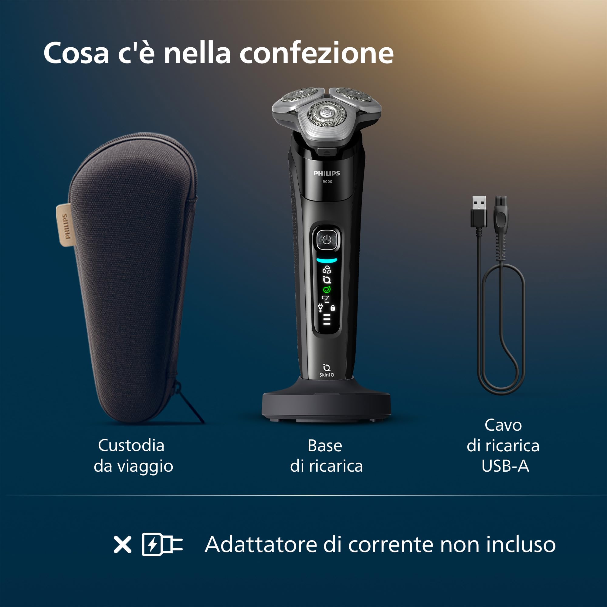 Philips Shaver i9000, rasoio elettrico Wet & Dry, inchiostro nero, con tecnologia Skin IQ, triplo sistema di sollevamento e taglio, doppie lame di precisione rotanti a 360 gradi in acciaio, X9000/10