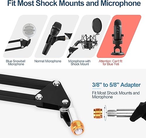 Miniatura 2 de Micrófono ajustable brazo de tijera con clip de micrófono y bridas para cables, resistente para Blue Yeti Nano Snowball Ice, HyperX QuadCast,