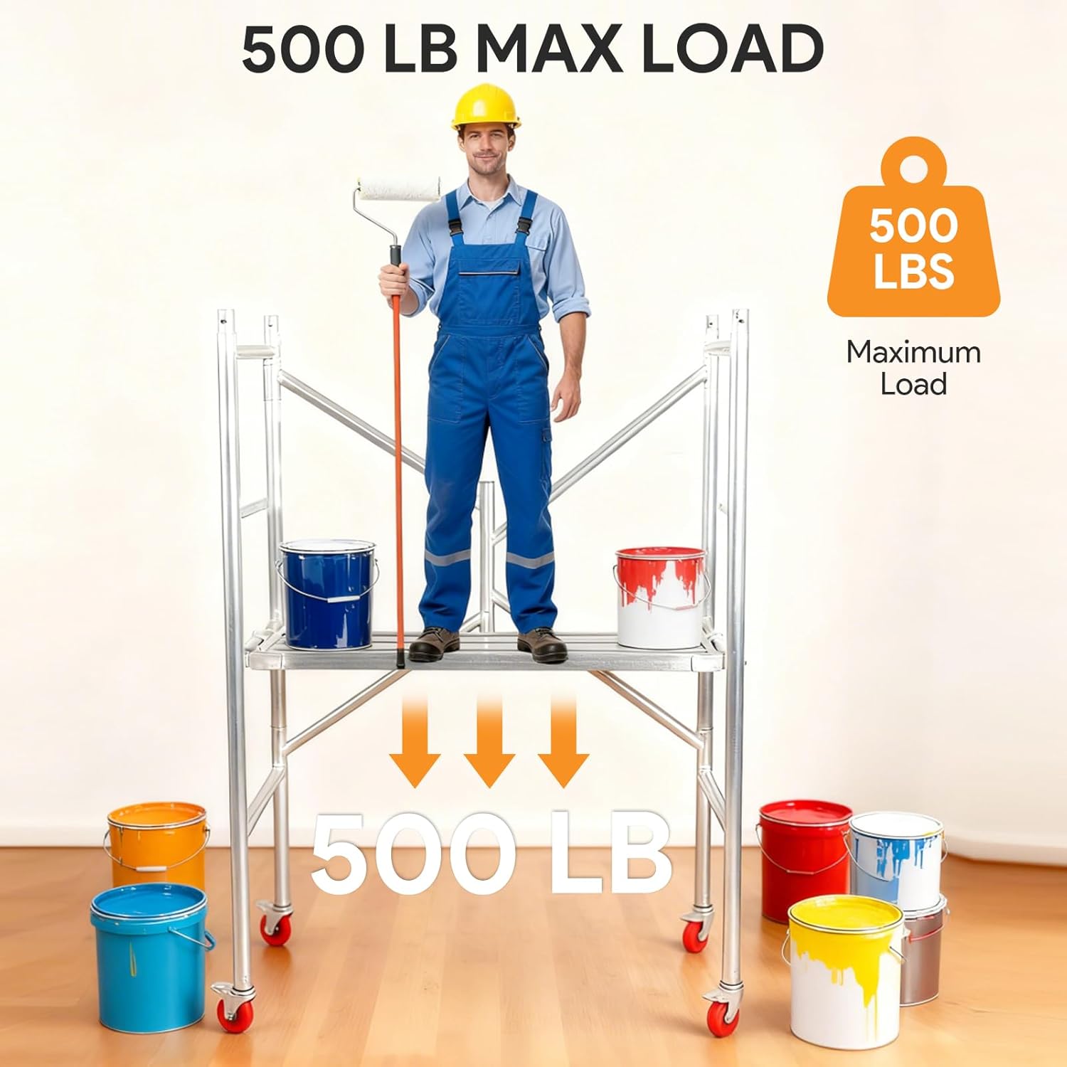 Scaffolding Work Platform, 65" Tall Rolling Scaffolding with Wheels, Scaffold for Building Construction, Interior Painting, Home Improvement, 500LBS Capacity, Silver, 46" W×65" H