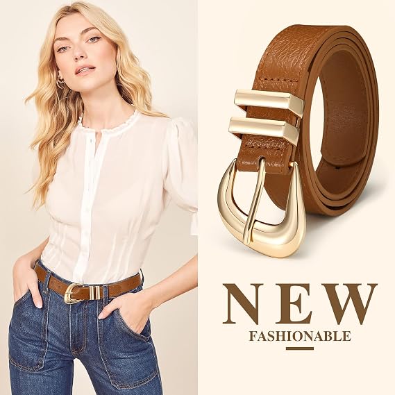 Leather Belt for Women Fashion Ladies Waist Belt with Silver Buckle for Jeans Pants Dress
