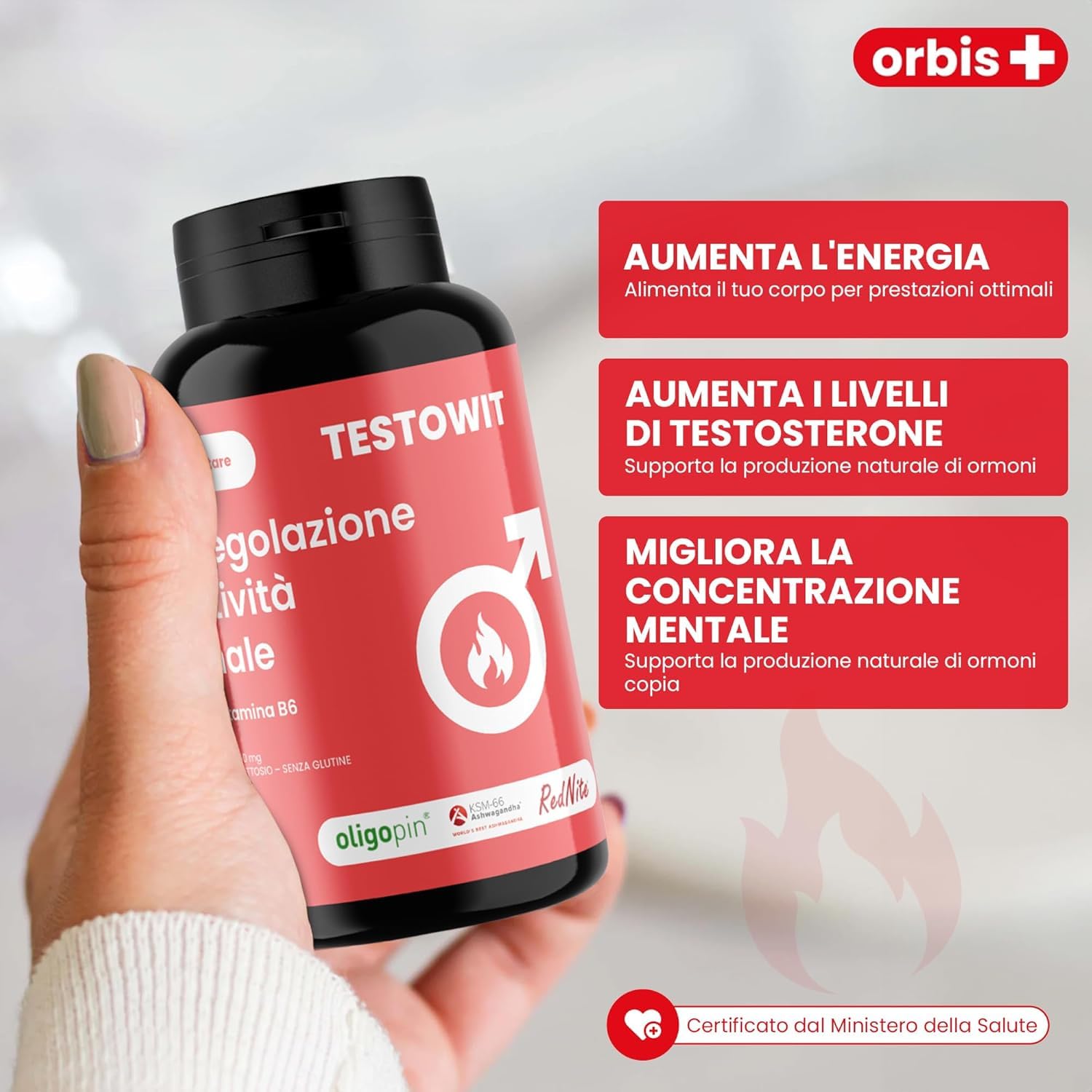ORBIS TESTOWIT Integratore Naturale per Uomini | Supplemento per la Regolazione Ormonale con Muira Puama, Maca e Ashwagandha | aumenta la vitalità naturale | Forza & Energia Uomo | 120 Capsule