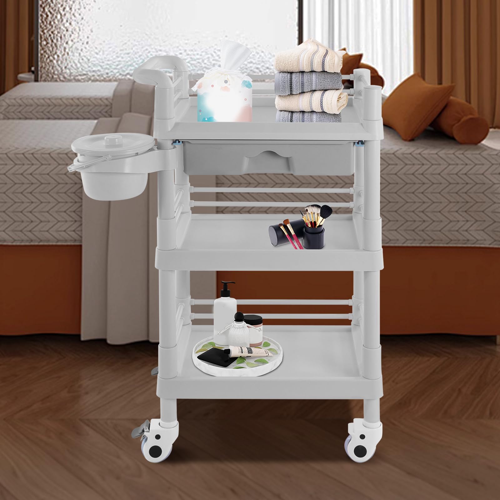 Salon Möbel Spa Beauty Trolley Rolling Cart - Carrito de belleza de 3 niveles, con cajón para salones de peluquería, salones de belleza, color gris