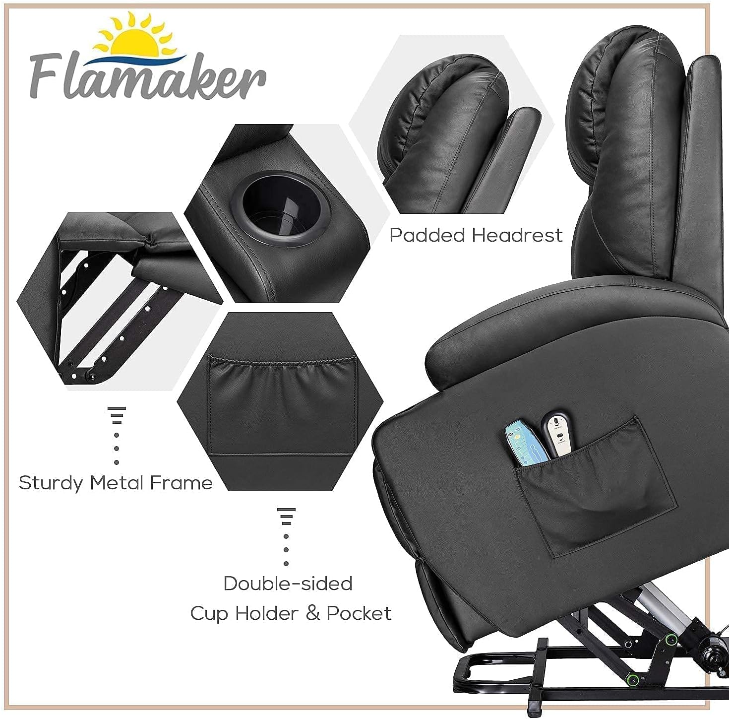 Flamaker Power Lift Recliner Chair PU Leather for Elderly with Massage and Heating Ergonomic Lounge Chair for Living Room Classic Single Sofa with 2 Cup Holders Side Pockets Home Theater Seat (Black) : Home & Kitchen