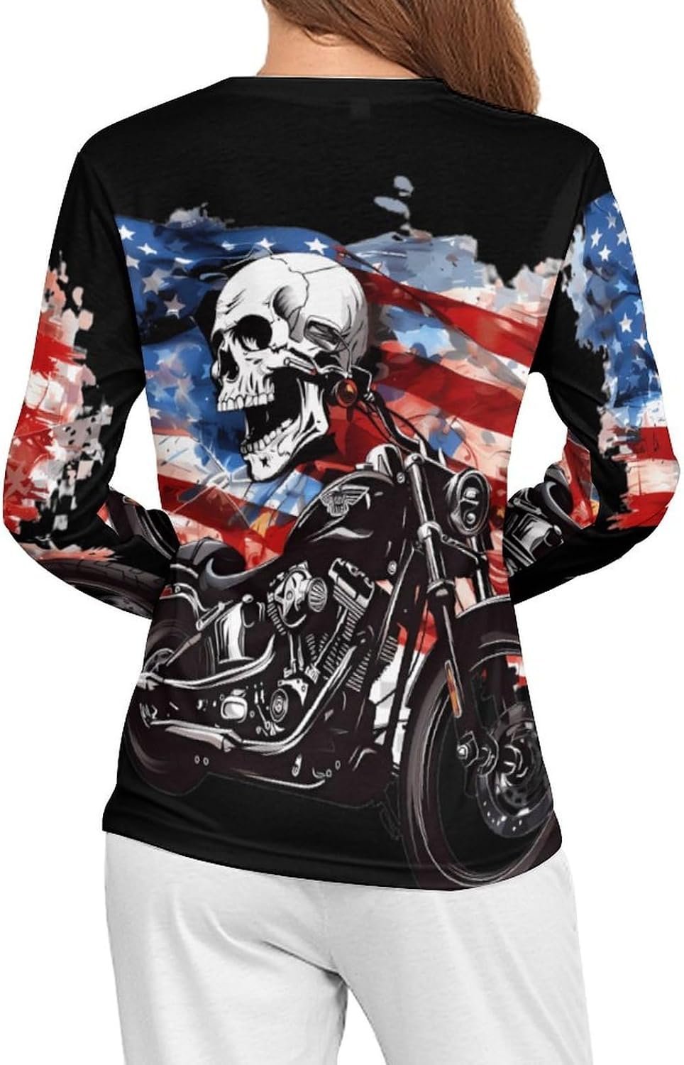 Skull Motorcycle U.S. Flag Women's Pajama Top Sleepwear Pajamas Sleep T-Shirt Long Sleeve Shirt Crewneck Tee