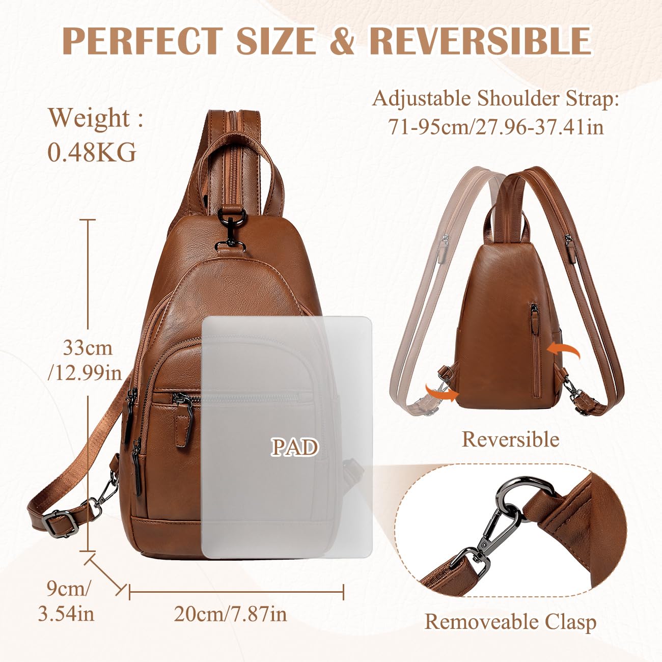 RAVUO Mochila Mujer Pequeña Casual Bolso Mochila Bandolera de Cuero PU Moda Bolsos Pecho de Piel Mini Crossbody Sling Bag para Viaje Trabajo,Marrón