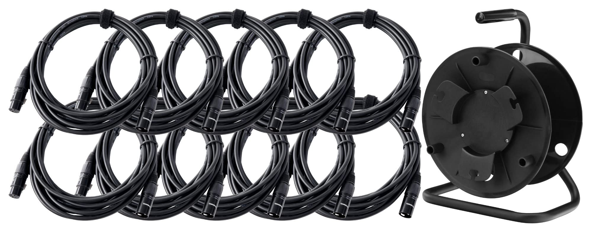 Pronomic Stage XFXM-5 Cable de Micrófono XLR 5m Negro Set de 10 con Tambor | Conectores: XLR hembra 3 pines ? XLR macho 3 pines, Longitud: 5m, Sección del conductor: 0, 226 mm², Cobre libre de oxígeno