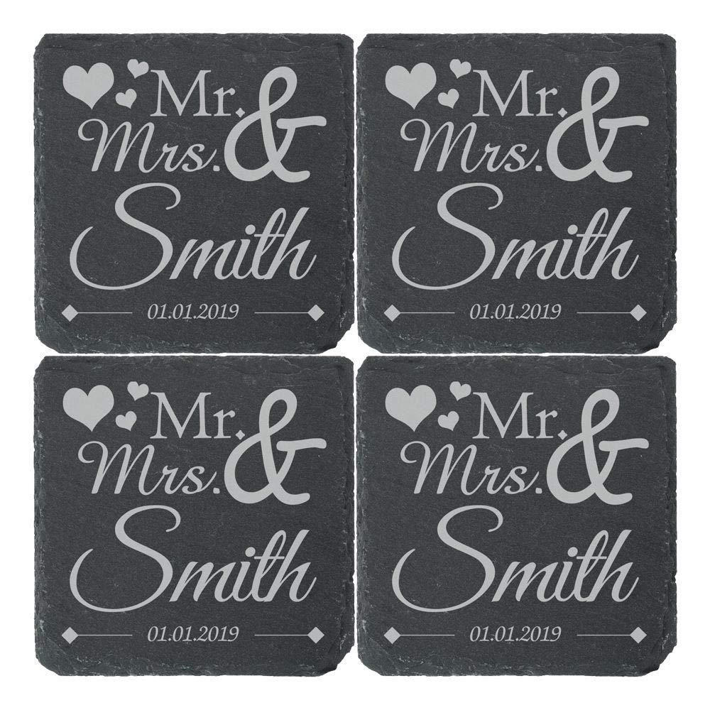 Personalised Engraved Square Slate Wedding Coaster Mr&Mrs with Hearts Set of 4