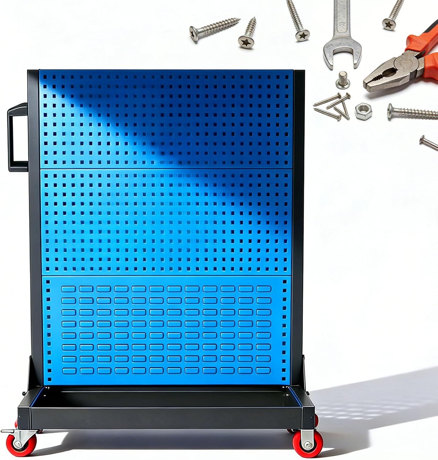 Modular Tool Rack Organizer - 3-Tier Garage Storage Shelf with Pegboard & Locking Casters, Mobile Workbench Cart for Easy Access in Garage Workshop