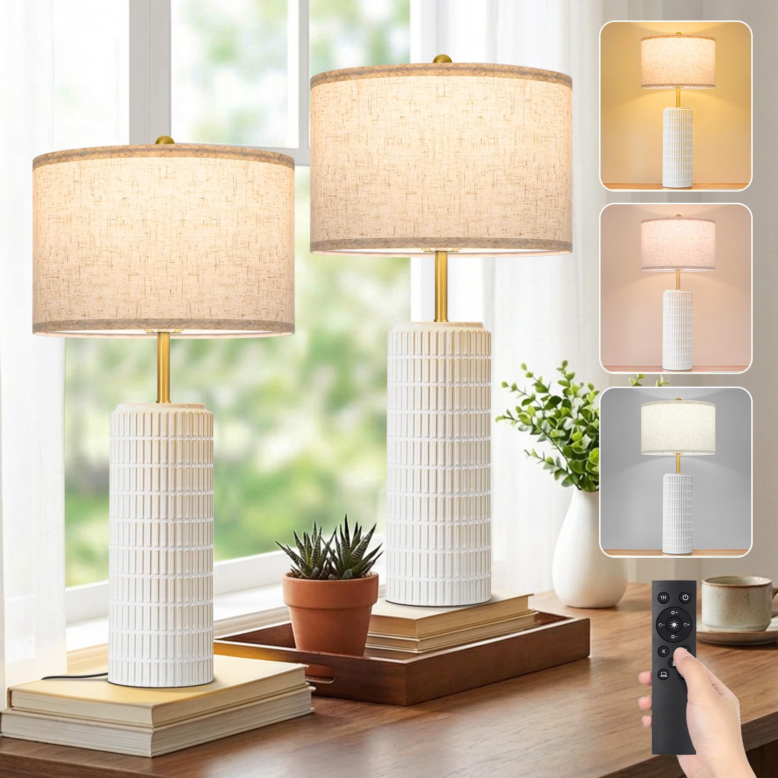 Tischlampe Keramik 2er Set mit Timer, Dimmbar Nachttischlampe Fernbedienung | 1.3kg Keramiksockel & Leinenschirm mit Stufenlos 3 Farbtemperaturen Dimmbar, Vintage für Schlafzimmer, Wohnzimmer, Büro
