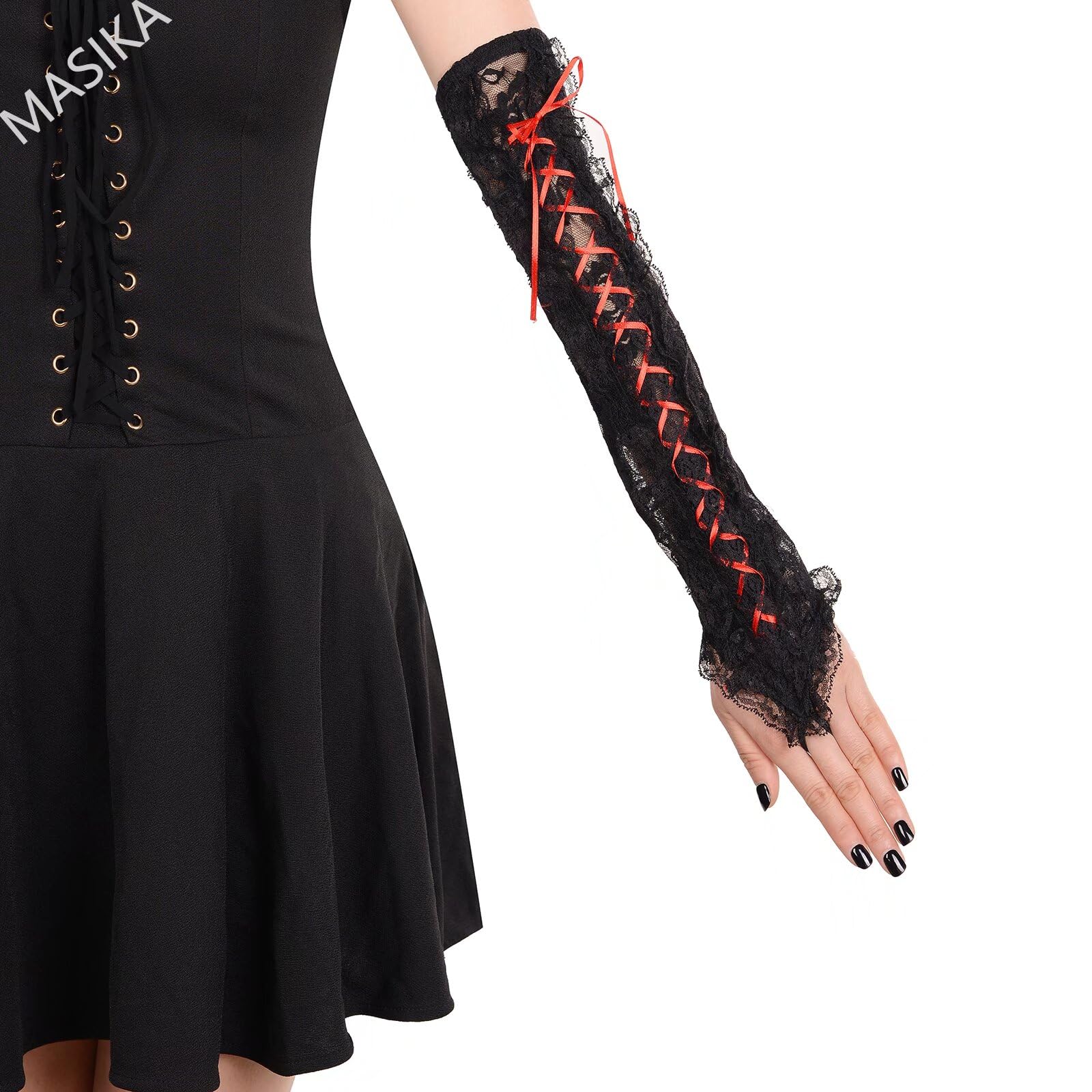 Guantes sin dedos de encaje negro, guantes largos de satén para mujer, cosplay, accesorios góticos, fiesta, espectáculo de escenario, guantes de boda., Negro