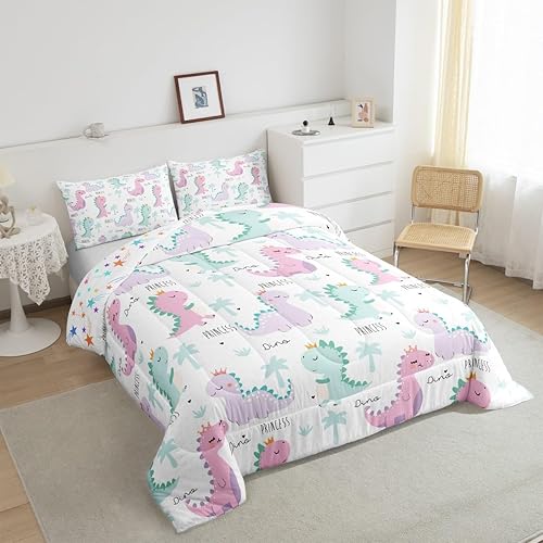 Miniatura 3 de Erosebridal Juego de edredón de dinosaurio, juegos de ropa de cama de dinosaurios rosas y morados para niños y niñas, bonito edredón de animales