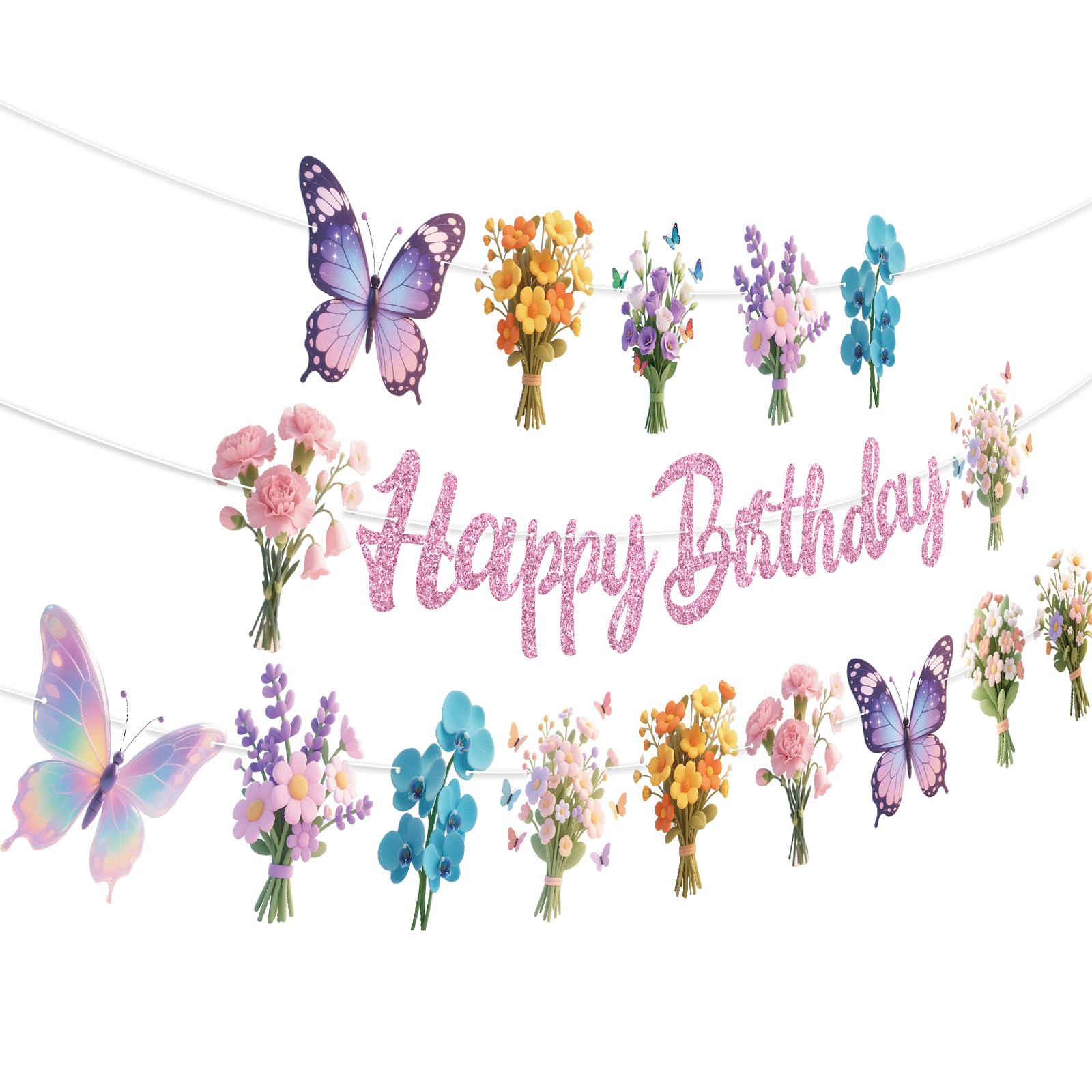 Wildflower Birthday Decorations 3 Piece Pre-Strung Glitter Happy Birthday Banner Set with Butterfly and Floral Bouquet Cutouts for Girls Spring Garden Party