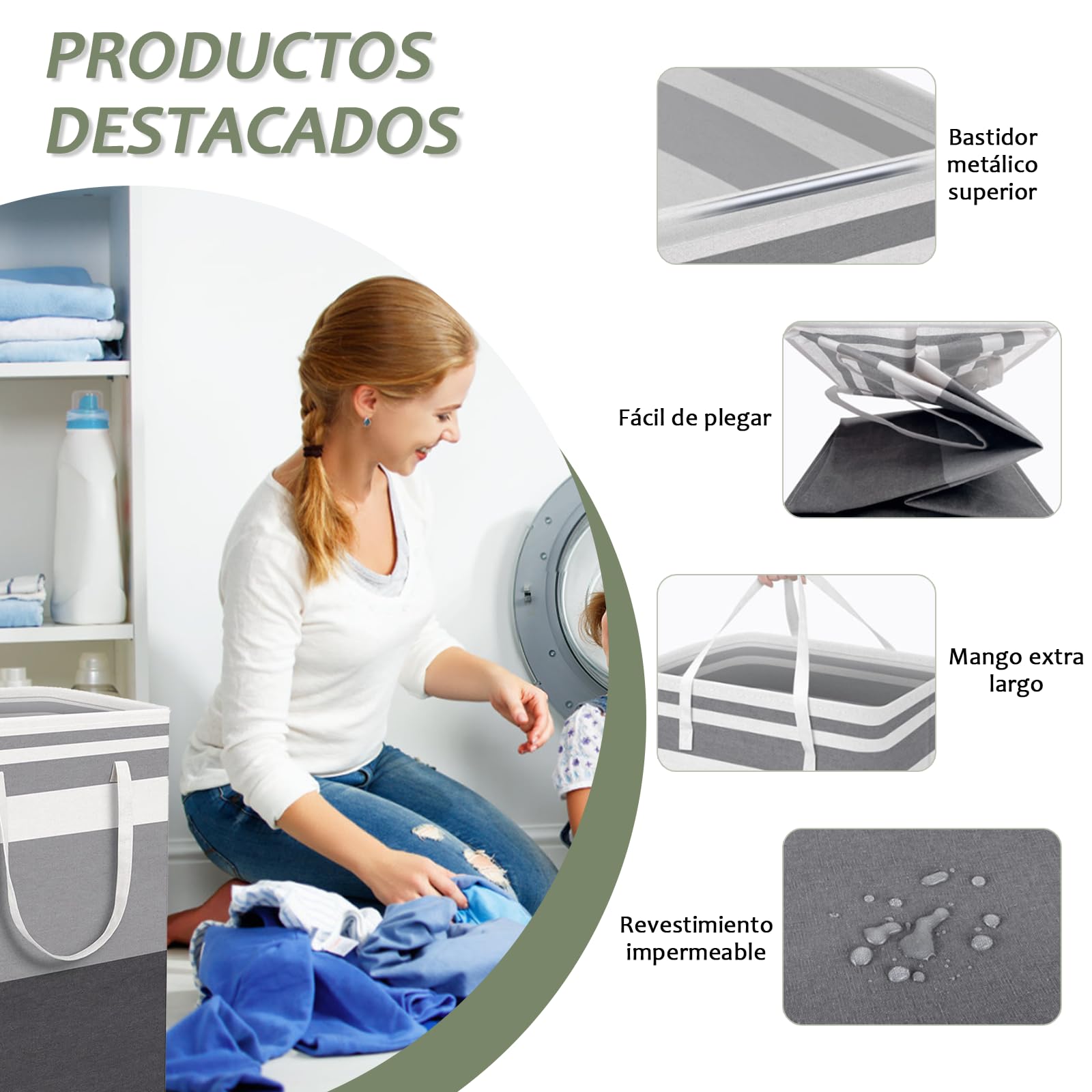 75L Cesta Plegable para Ropa Sucia, 2 Bolsas Lavadora, Impermeable de Tela, Gran Capacidad, Ideal para Lavadero y Almacenamiento