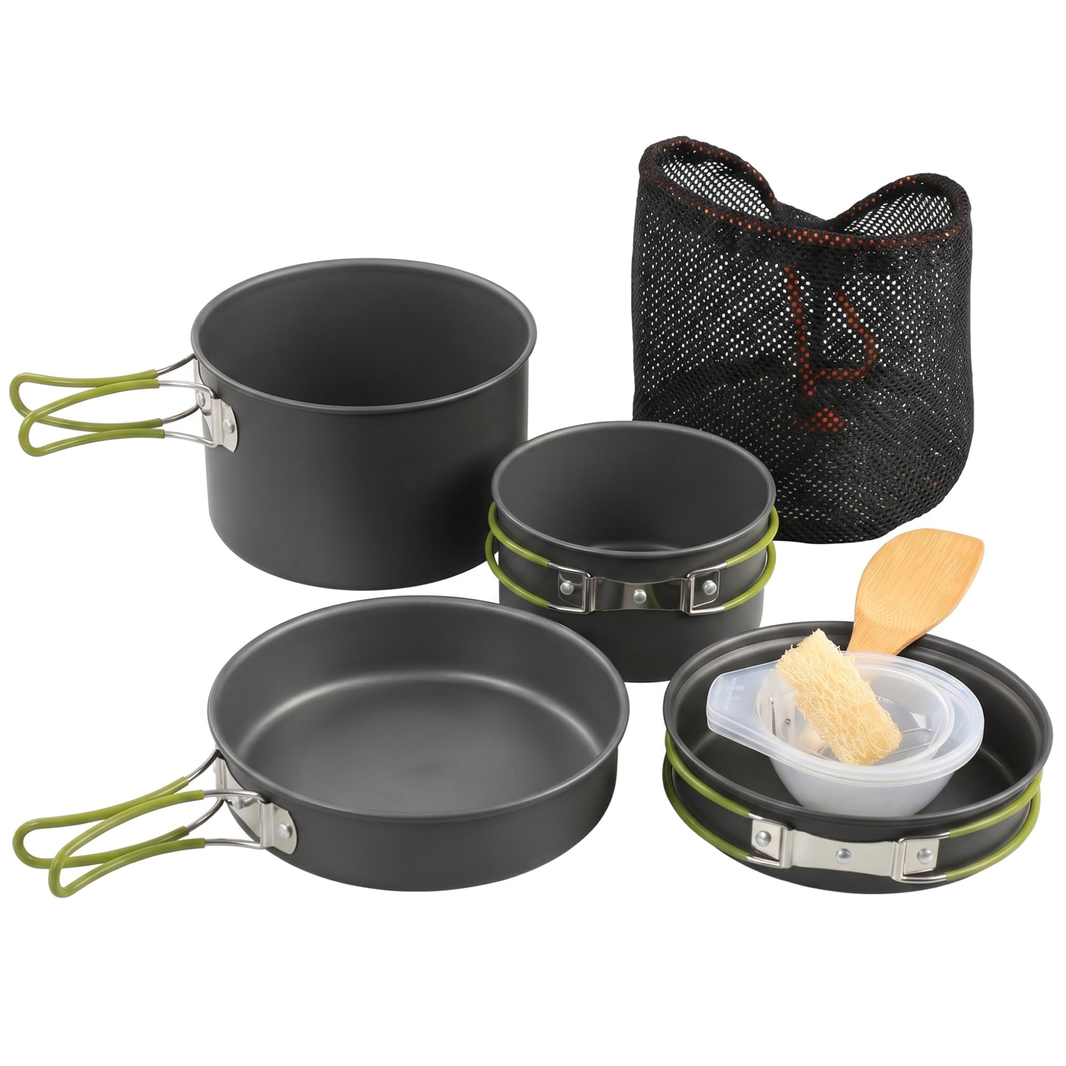 Juego de ollas y sartenes de camping, juego de cocina portátil para 2 a 3 personas, ollas y sartenes de aluminio ligero con asas plegables para senderismo y picnic