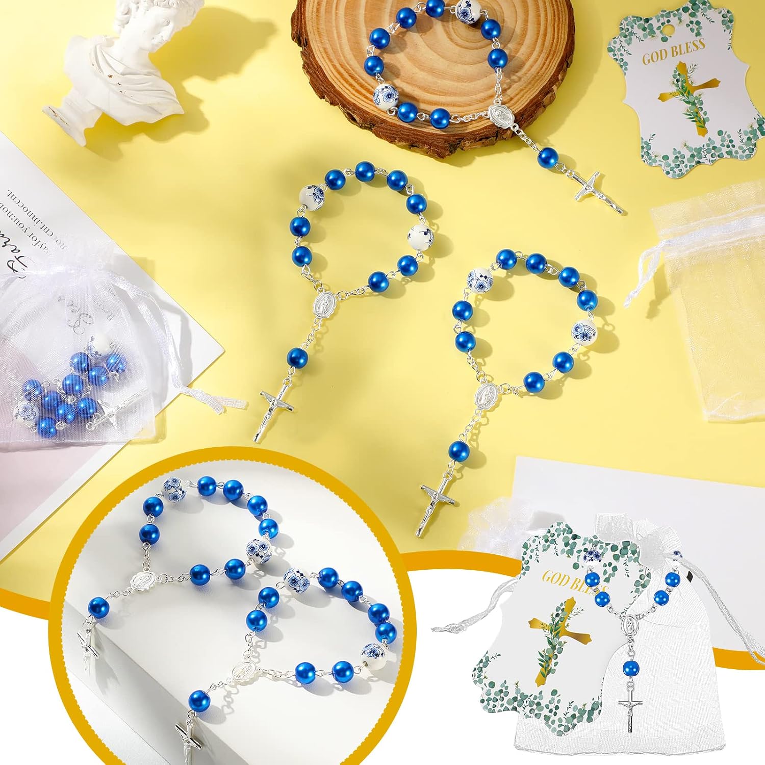 Jeyiour 96 Pcs Christian Catholic Favor Set Include 32 Finger Christian Rosaries Beads with Crucifix, 32 Organza Bags and 32 God Bless Tags Christening Wedding Party Favors(Blue)