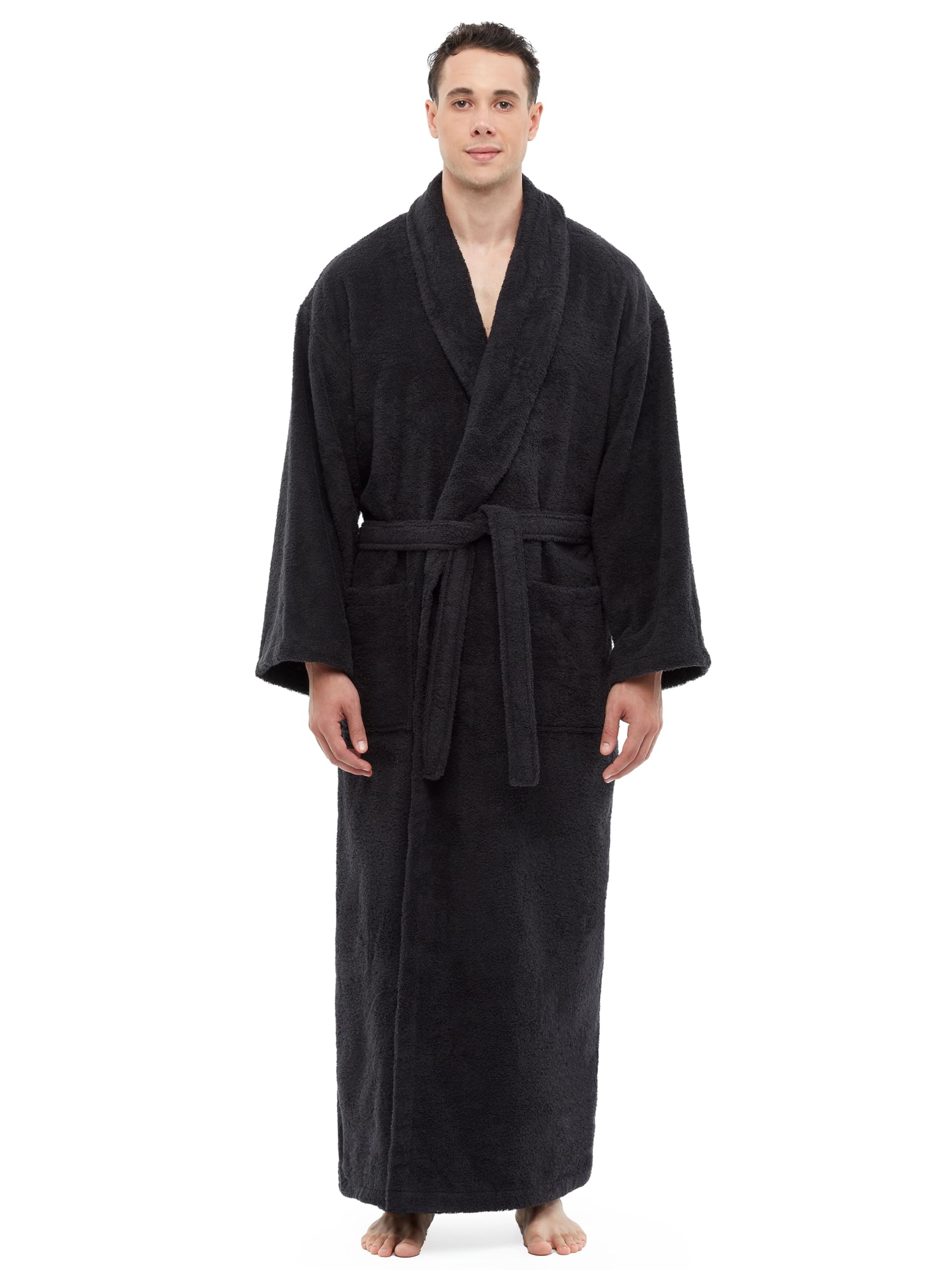Arus Men's Shawl Collar Robe, Turkish Terry Cotton Bathrobe with Regular and Full Length Options, Black, L/XL