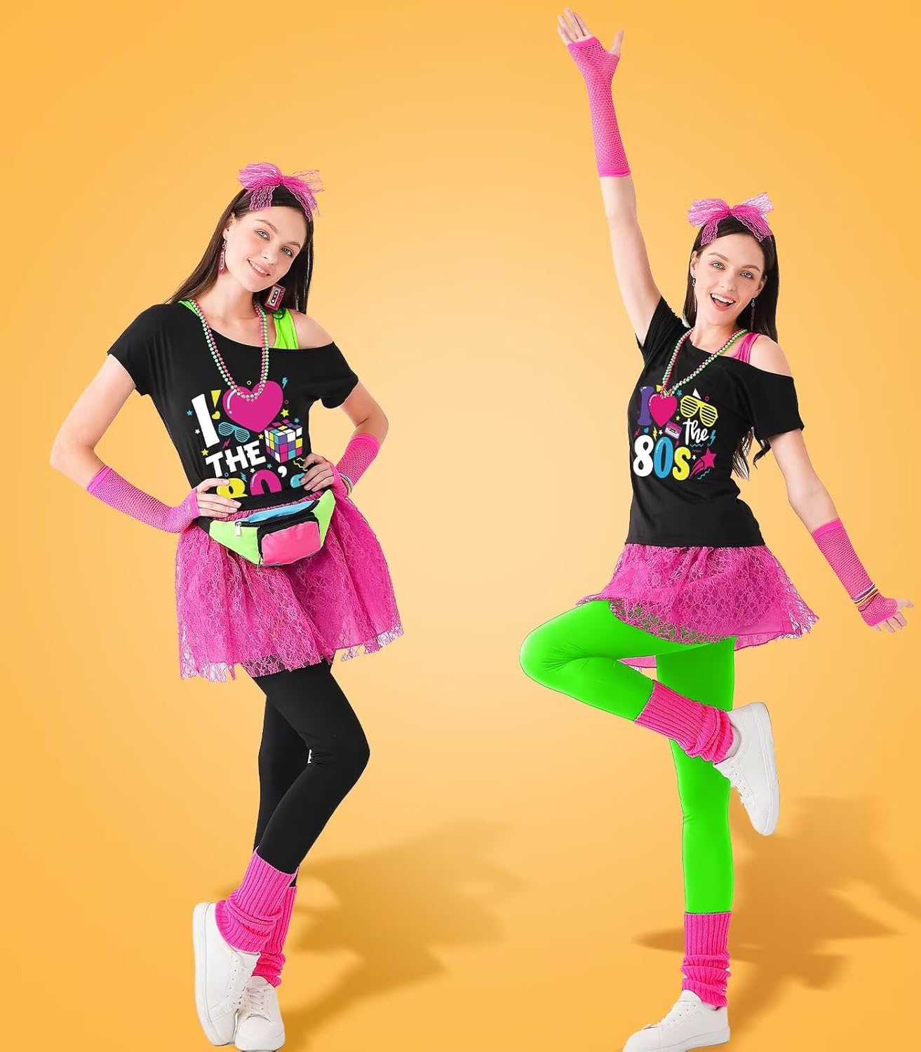 80s Outfit Women Costume Accessories Set, T-Shirt Tank Top Leggings Tutu Skirt Fanny Pack for Halloween, 80s Neon Party - Image 2