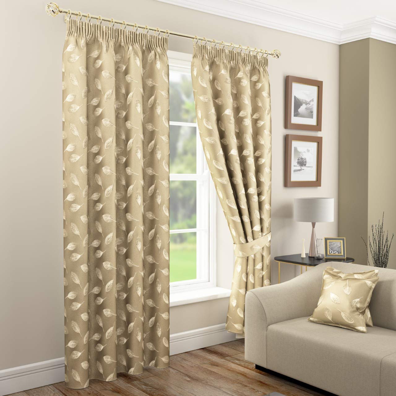 Mirabel Rowan Fully Lined Pencil Pleat Curtains Modern Plain with Woven Leaf Design,Tape Top Heading (GOLD, 66" X 72" (167 CM X 183 CM))