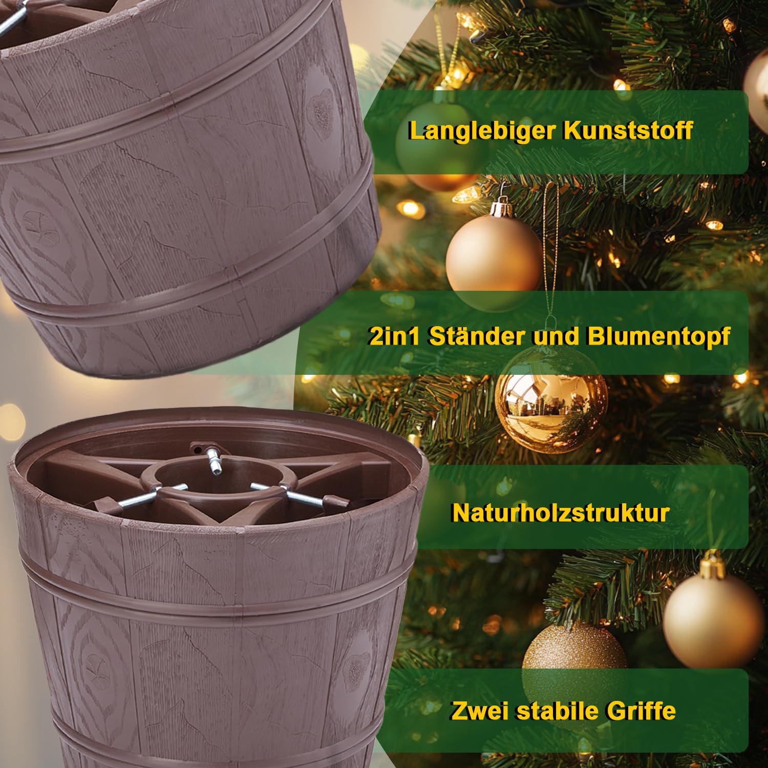 Weihnachtsbaumständer Ø 29 cm | Christbaumständer für Bäume bis Ø 9 cm - 2,5 m | Tannenbaumständer mit Baumdünger für stabile und langlebige Weihnachtsdeko, verlängert die Frische des Baumes | Braun