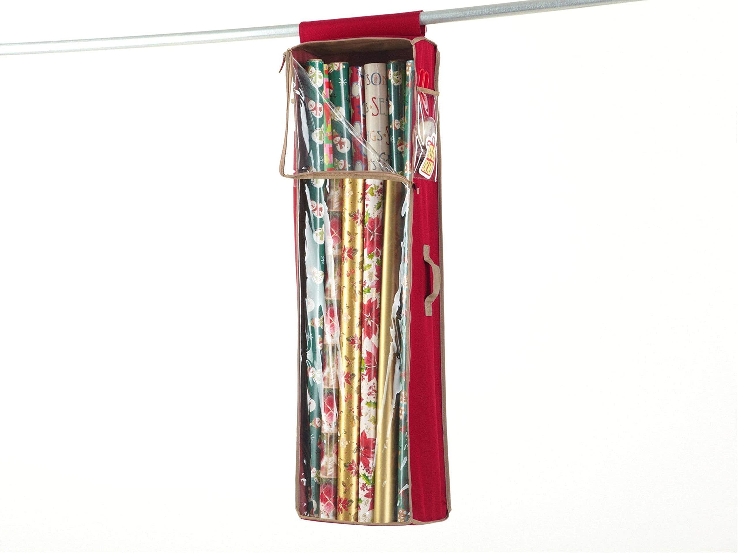 Covermates Keepsakes Hanging Gift Wrap Storage Bag – Holds up to 20 Rolls - Interior Pockets for Accessories - Holiday Storage-Red